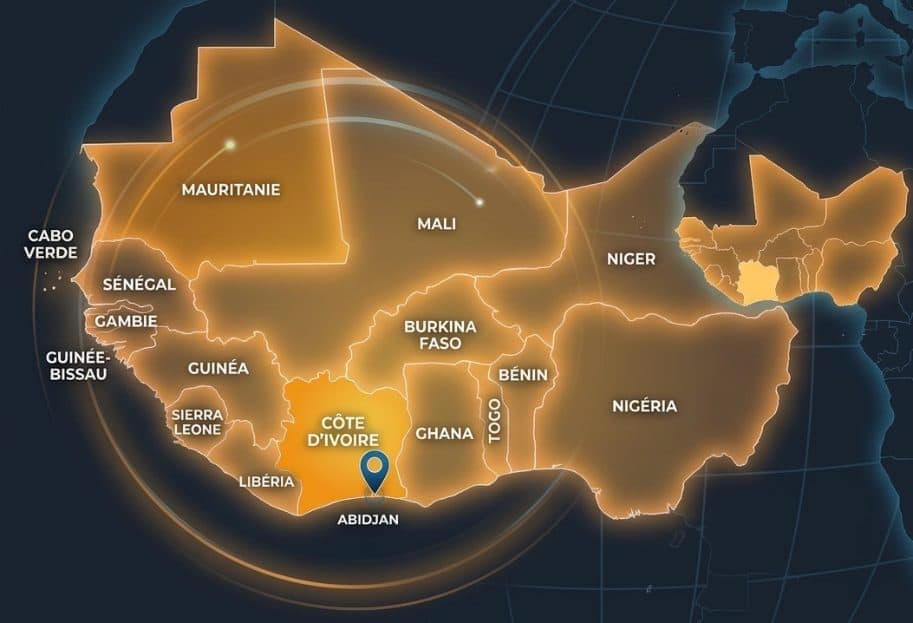 Carte de l’Afrique de l’Ouest centrée sur Abidjan