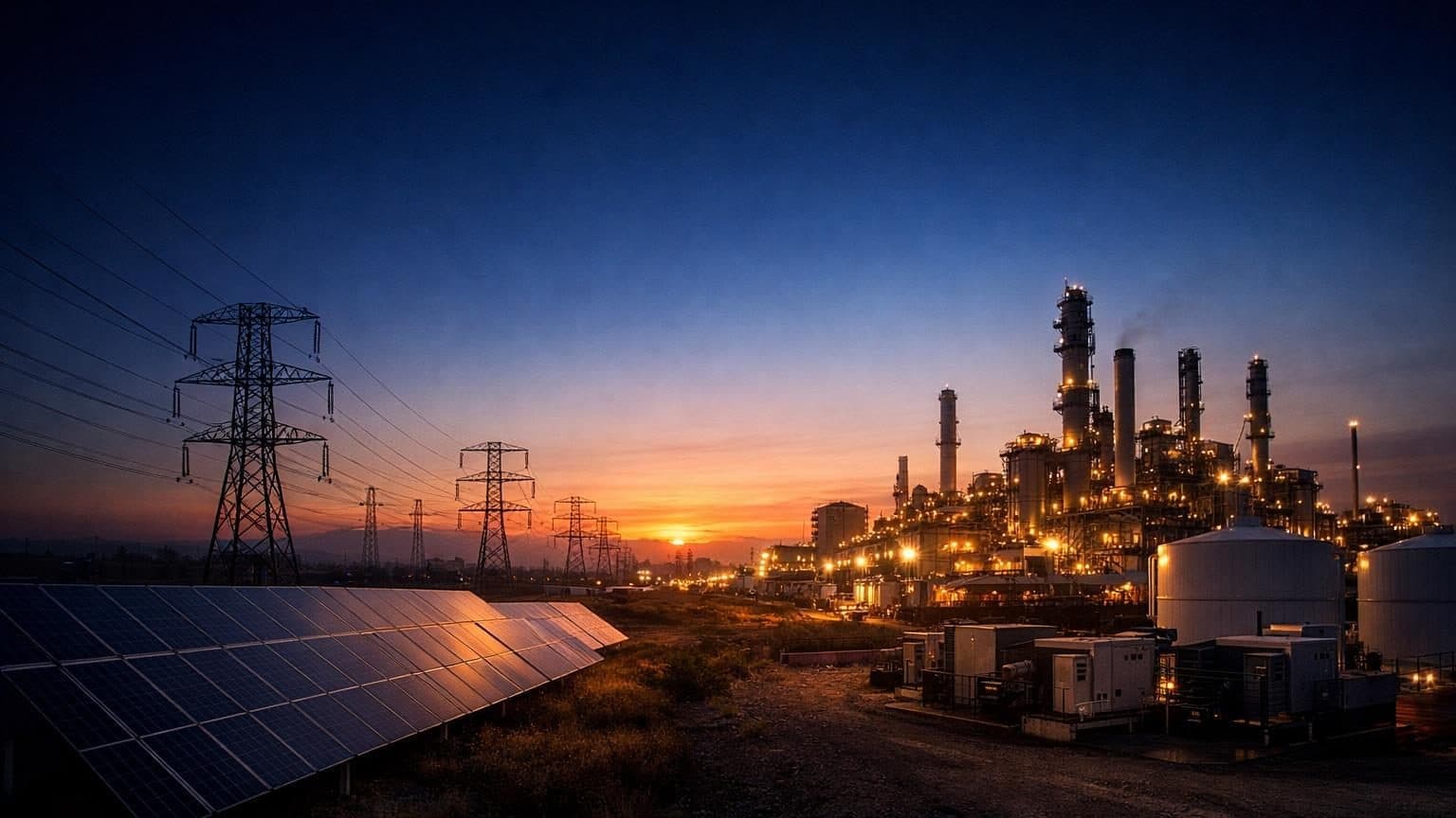 Lignes haute tension, champ solaire et site industriel au crépuscule